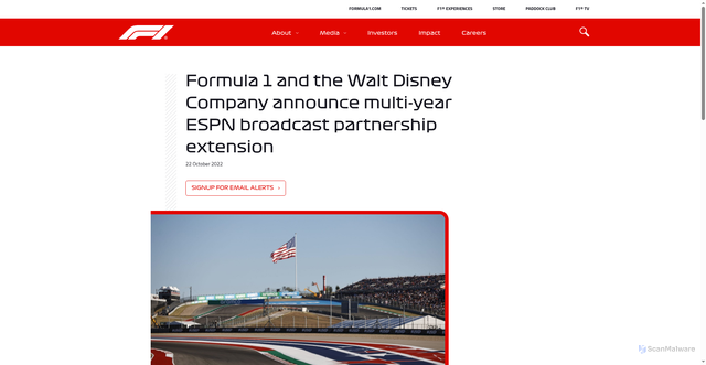 Security scan screenshot of https://corp.formula1.com/formula-1-and-the-walt-disney-company-announce-multi-year-espn-broadcast-partnership-extension/