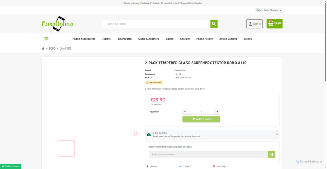 Security scan screenshot of https://caseonline.com/doro-8110/2-pack-tempered-glass-screenprotector-doro-8110.html