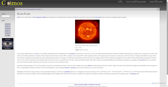 Security scan screenshot of https://astronomy.swin.edu.au/cosmos/s/Solar+Flare