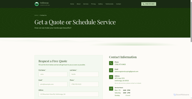 Security scan screenshot of https://dahlonegalandscaping-com.pages.dev/contact