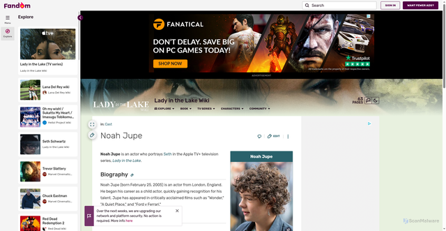 Security scan screenshot of https://lady-in-the-lake.fandom.com/wiki/Noah_Jupe