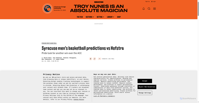 Security scan screenshot of https://www.nunesmagician.com/syracuse-basketball-mens-orange-autry/102491/syracuse-mens-basketball-predictions-vs-hofstra