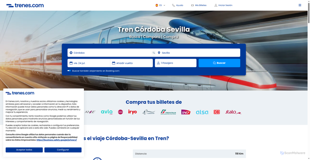 Security scan screenshot of https://www.trenes.com/cordoba-sevilla/