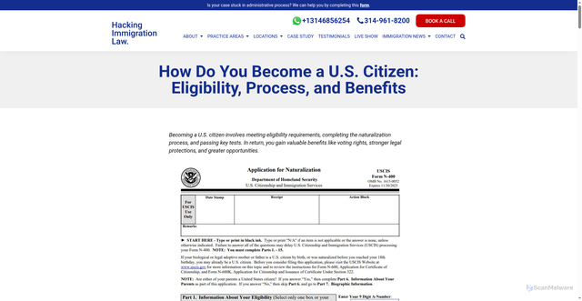Security scan screenshot of https://hackinglawpractice.com/the-ultimate-guide-to-u-s-citizenship-eligibility-process-and-benefits/