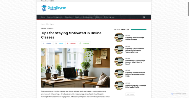 Security scan screenshot of https://onlinedegreeclasses.com/staying-motivated-in-online-classes/