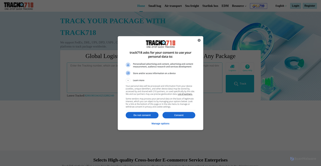 Security scan screenshot of https://www.track718.com