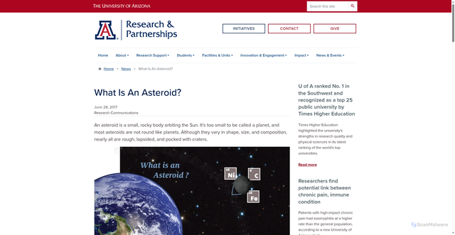 Security scan screenshot of https://research.arizona.edu/stories/what-is-an-asteroid