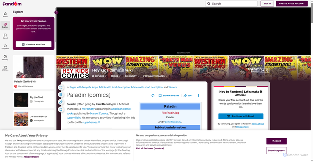 Security scan screenshot of https://heykidscomics.fandom.com/wiki/Paladin_(comics)