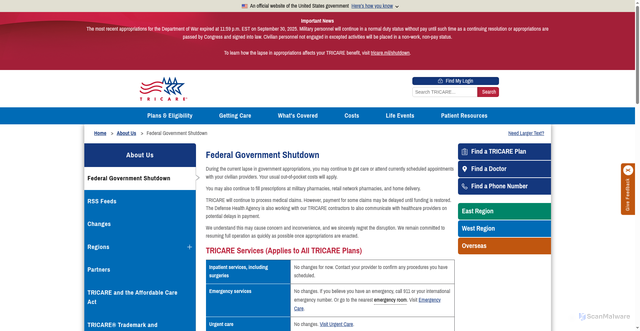 Security scan screenshot of https://www.tricare.mil/shutdown