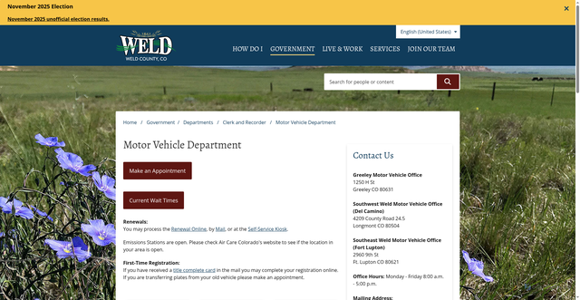 Security scan screenshot of https://www.weld.gov/Government/Departments/Clerk-and-Recorder/Motor-Vehicle-Department