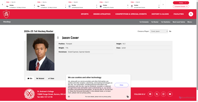 Security scan screenshot of https://sacsaints.ca/sports/mens-ice-hockey/roster/jaxon-cover/2196