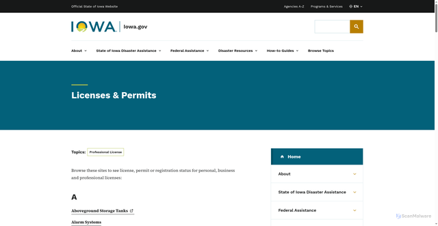 Security scan screenshot of https://www.iowa.gov/licenses-permits