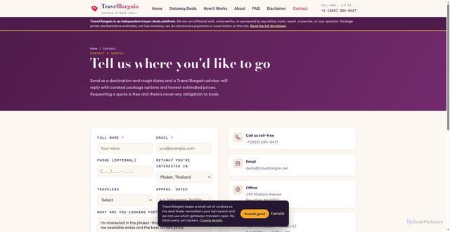 Security scan screenshot of https://travelbargain.pages.dev/contact?deal=phuket-thailand