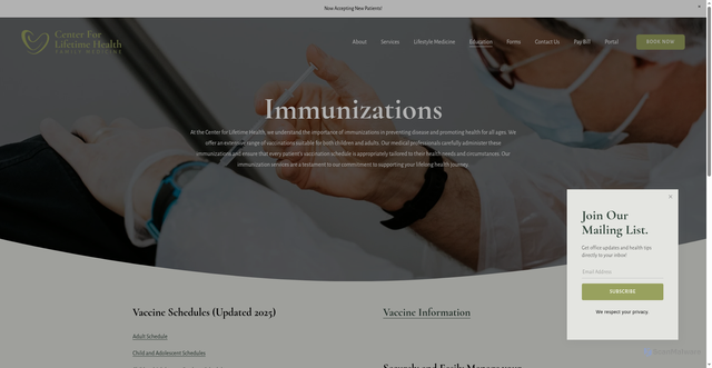 Security scan screenshot of https://www.centerforlifetimehealth.com/immunizations