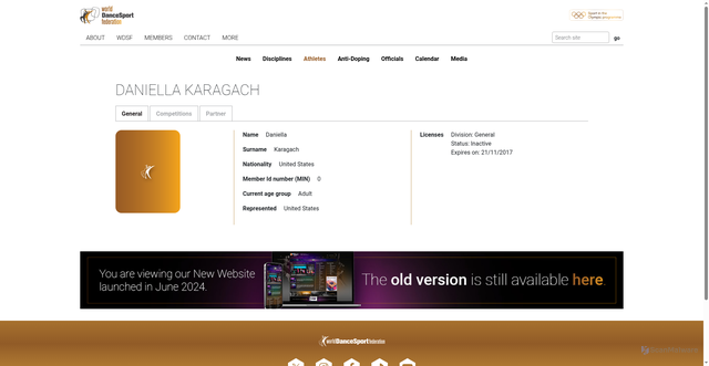 Security scan screenshot of https://www.worlddancesport.org/Athletes/Daniella-Karagach-522d43d3-e310-43fd-af5e-a0c8016b52d5