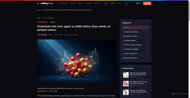 Security scan screenshot of https://lotteryheat.com/blog/powerball-rolls-over-again-as-498-million-draw-yields-no-jackpot-winner-pyxfd