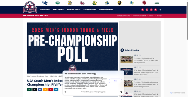 Security scan screenshot of https://usasouth.net/news/2025/8/15/mens-indoor-track-and-field-usa-south-mens-indoor-track-field-set-for-championship-picked-as-favorite.aspx