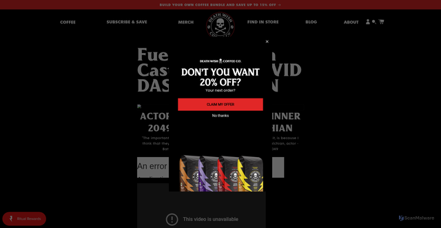 Security scan screenshot of https://www.deathwishcoffee.com/pages/fbdc-ep-24-david-dastmalchian?srsltid=AfmBOooanfNie-0PGzZ_OWTuz8ox_gZ8hoc3XKvhFwVWAQ-N6ifHIaMW