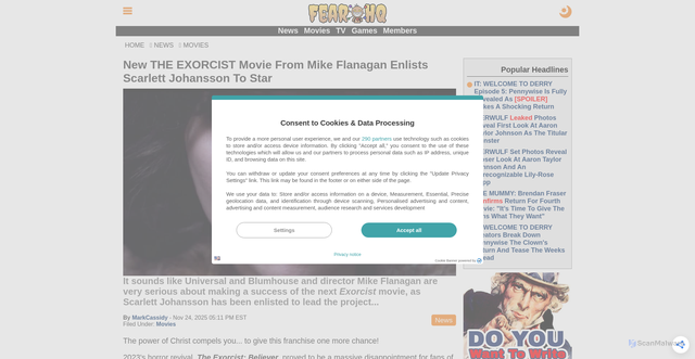 Security scan screenshot of https://fearhq.com/movies/new-the-exorcist-movie-from-mike-flanagan-enlists-scarlett-johansson-to-star-a9823
