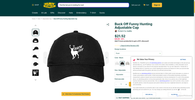 Security scan screenshot of https://www.hatpublic.com/buck-off-funny-hunting-adjustable-cap-p-13468107?srsltid=AfmBOopcoJTgISgSQMeE-jmtJlizppLCcMGZ_ArTWubeSBQnKKI5al8L