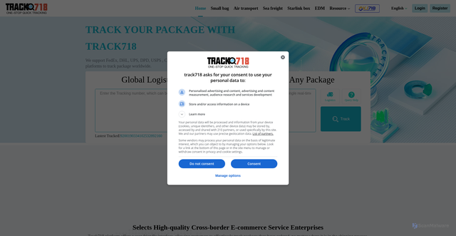 Security scan screenshot of https://track718.com