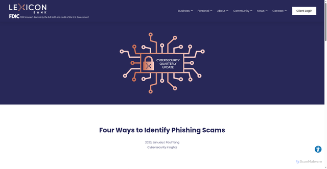 Security scan screenshot of https://lexiconbank.com/cybersecurity-four-ways-to-identify-phishing-scams/