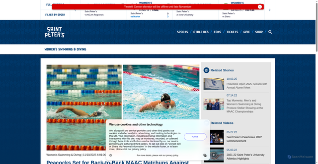 Security scan screenshot of https://saintpeterspeacocks.com/news/2025/11/11/womens-swimming-diving-peacocks-set-for-back-to-back-maac-matchups-against-manhattan-and-iona.aspx
