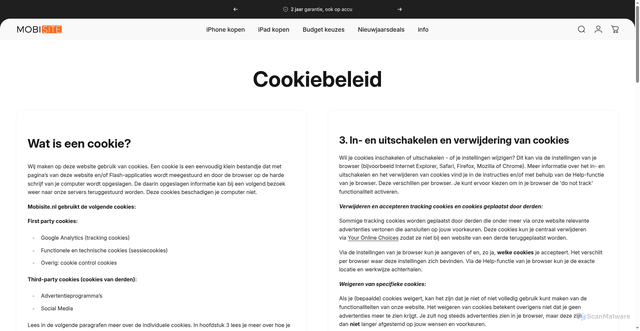 Security scan screenshot of https://mobisite.shop/pages/cookiebeleid