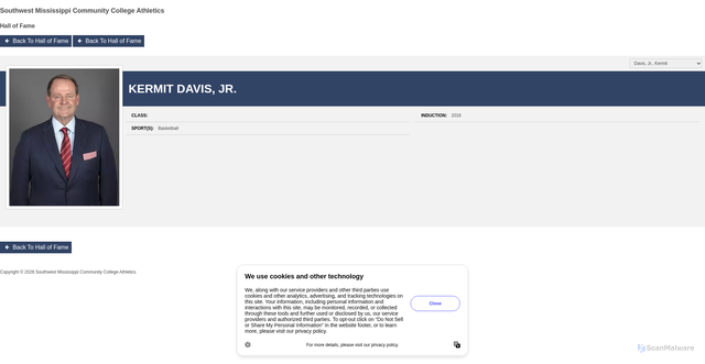 Security scan screenshot of https://southwestbearathletics.com/honors/hall-of-fame/kermit-davis-jr-/123/kiosk