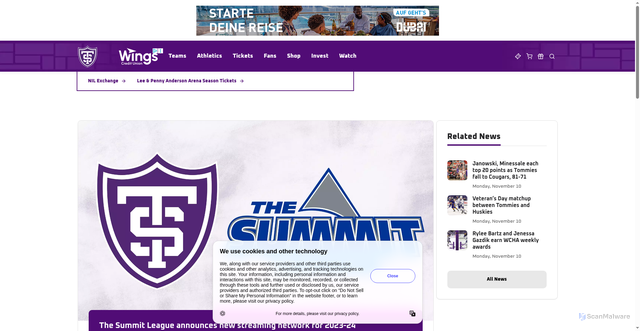 Security scan screenshot of https://tommiesports.com/news/2023/8/10/general-the-summit-league-announces-new-streaming-network-for-2023-24