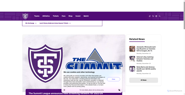 Security scan screenshot of https://tommiesports.com/news/2023/8/10/general-the-summit-league-announces-new-streaming-network-for-2023-24