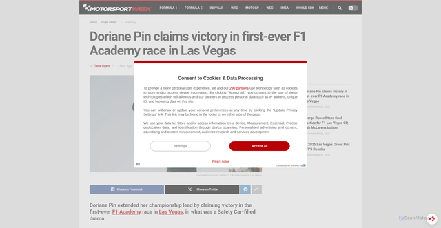 Security scan screenshot of https://www.motorsportweek.com/2025/11/22/doriane-pin-claims-victory-in-first-ever-f1-academy-race-in-las-vegas/