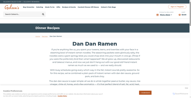 Security scan screenshot of https://www.gelsons.com/recipes/view/dan-dan-ramen
