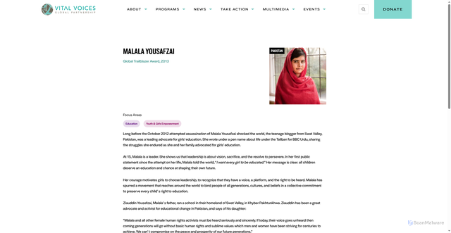 Security scan screenshot of https://www.vitalvoices.org/honoree/malala-yousafzai/