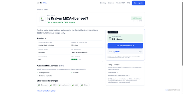 Security scan screenshot of https://eumica.com/exchange/kraken