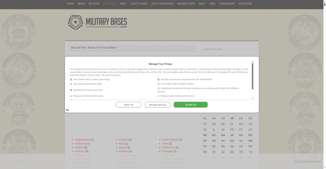 Security scan screenshot of https://militarybases.com/air-force/