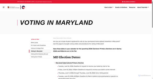 Security scan screenshot of https://terpsvote.umd.edu/how-vote/voting-maryland