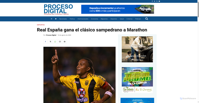 Security scan screenshot of https://proceso.hn/real-espana-gana-el-clasico-sampedrano-a-marathon/