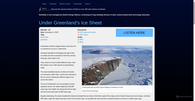Security scan screenshot of http://www.earthdate.org/episodes/under-greenlands-ice-sheet