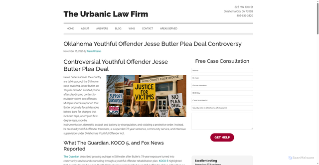 Security scan screenshot of https://www.urbanic.law/oklahoma-youthful-offender-jesse-butler-plea-deal-controversy/