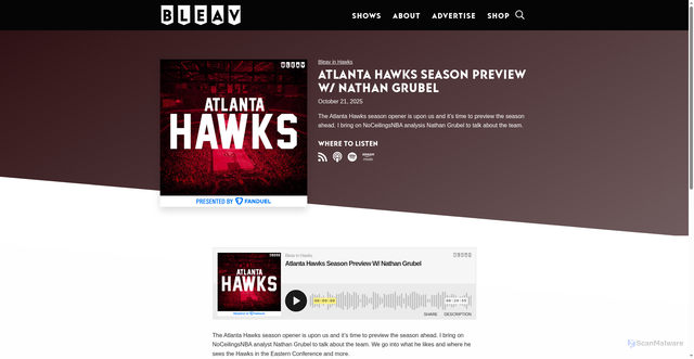 Security scan screenshot of https://bleav.com/shows/bleav-in-hawks/episodes/atlanta-hawks-season-preview-w-nathan-grubel/