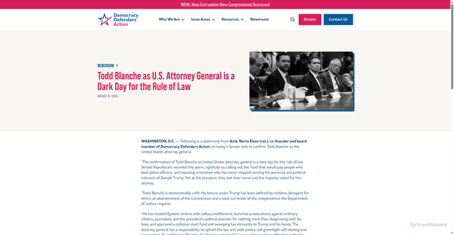 Security scan screenshot of https://www.democracydefendersaction.org/news/todd-blanche-as-us-attorney-general-dark-day-for-rule-of-law/