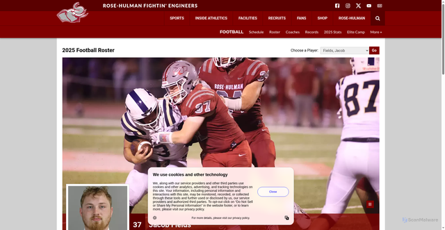 Security scan screenshot of https://athletics.rose-hulman.edu/sports/football/roster/jacob-fields/16322