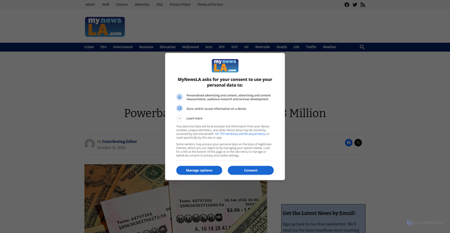 Security scan screenshot of https://mynewsla.com/life/2025/10/12/no-tickets-sold-with-all-six-powerball-numbers-jackpot-rises-to-258-million-2/