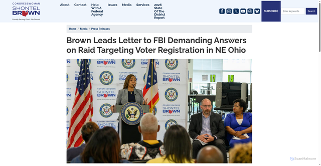 Security scan screenshot of http://shontelbrown.house.gov/media/press-releases/brown-leads-letter-fbi-demanding-answers-raid-targeting-voter-registration-ne