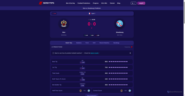 Security scan screenshot of https://nerdytips.com/match-details/nice-vs-strasbourg-prediction-1189626