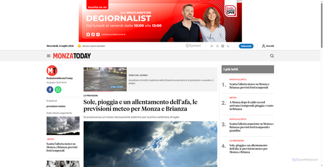 Security scan screenshot of https://www.monzatoday.it/meteo/previsioni-29-giugno-5-luglio-monza-brianza.html