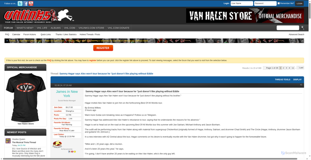 Security scan screenshot of https://www.vhlinks.com/vbforums/threads/67975-Sammy-Hagar-says-Alex-won%E2%80%99t-tour-because-he-%E2%80%9Cjust-doesn%E2%80%99t-like-playing-without-Eddie