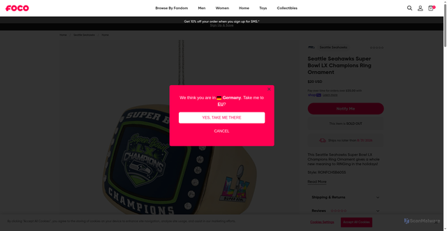 Security scan screenshot of https://www.foco.com/products/seattle-seahawks-super-bowl-lx-champions-ring-ornament