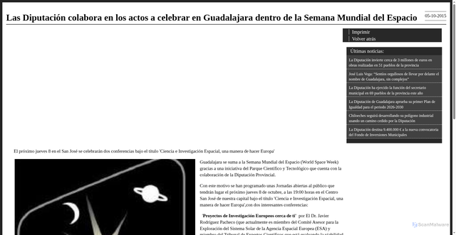 Security scan screenshot of https://www.dguadalajara.es/web/guest/content-detail/-/journal_content/56_INSTANCE_bE0I/10128/862727;jsessionid=5296B5C6442109261A6380A820558062?p_p_auth=KR4IRszi&p_p_state=pop_up&_56_INSTANCE_bE0I_viewMode=print